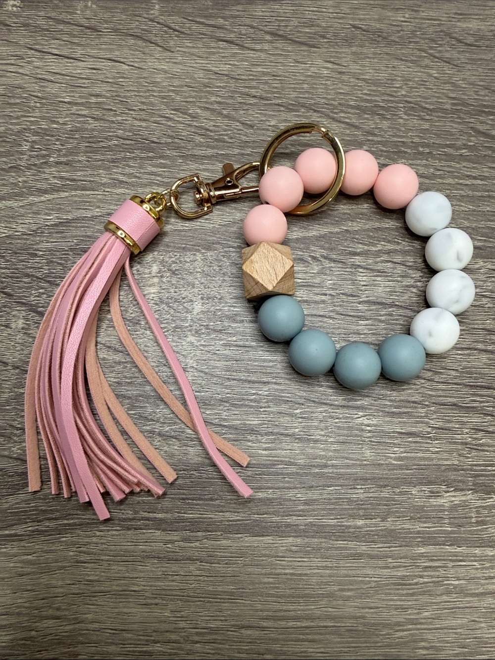 Pink & White Beaded Wristlet Keychain With Tassel